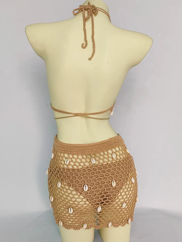 qgtao 4 pieces Woman Bikini Set Crochet Shell Tassel Top Sexy Thong Bottom See-Through Hollow Out Bandage High Waist Short Beach Skirt