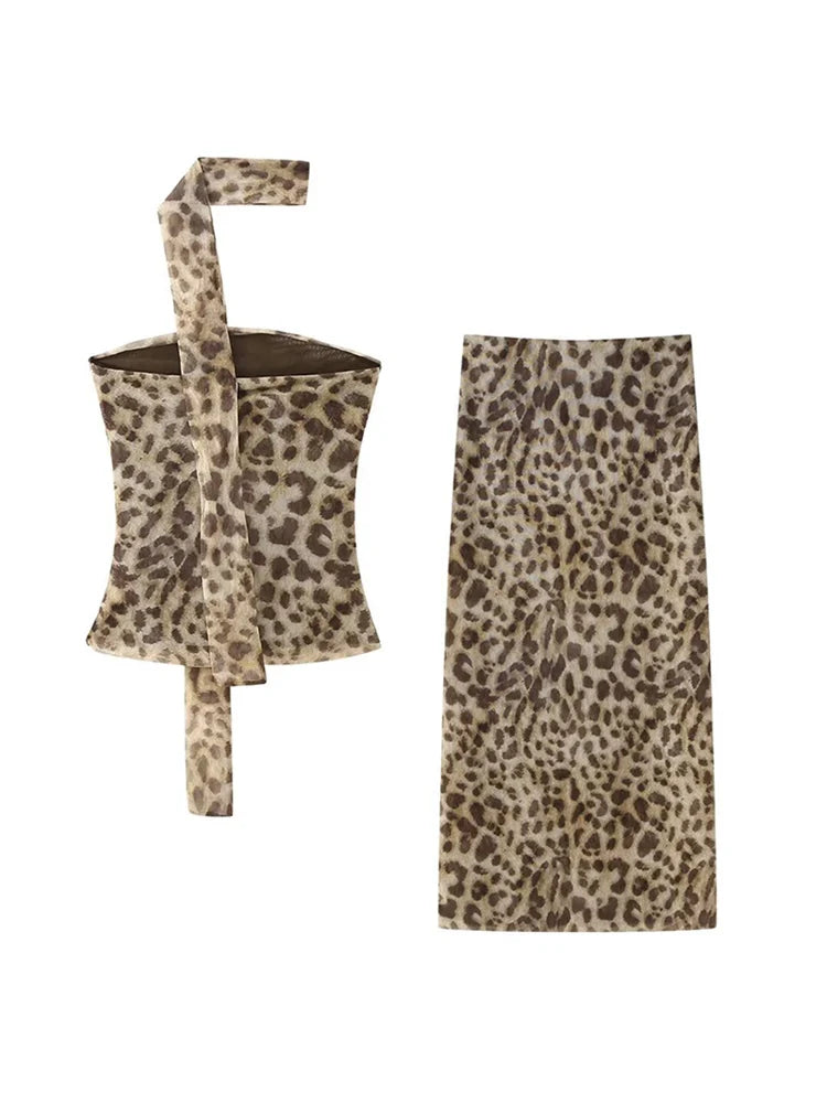 qgtao Chic Leopard Print Top Long Skirt Suits 2 Pcs Set Women Sleeveless Halter Tops Hip Package Slim Skirts Summer New Lady Outfits