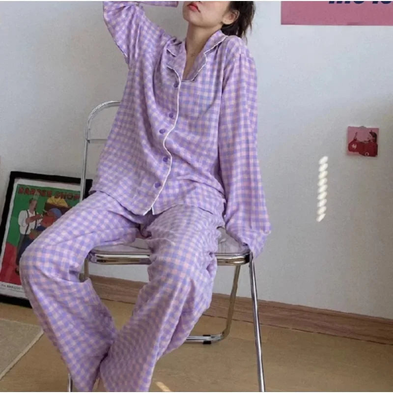 qgtao Spring Autumn Pajamas Women's Winter Sleepwear Set Korean Version of Ins Style Cute Long Sleeve Trousers Set Female Loungewear
