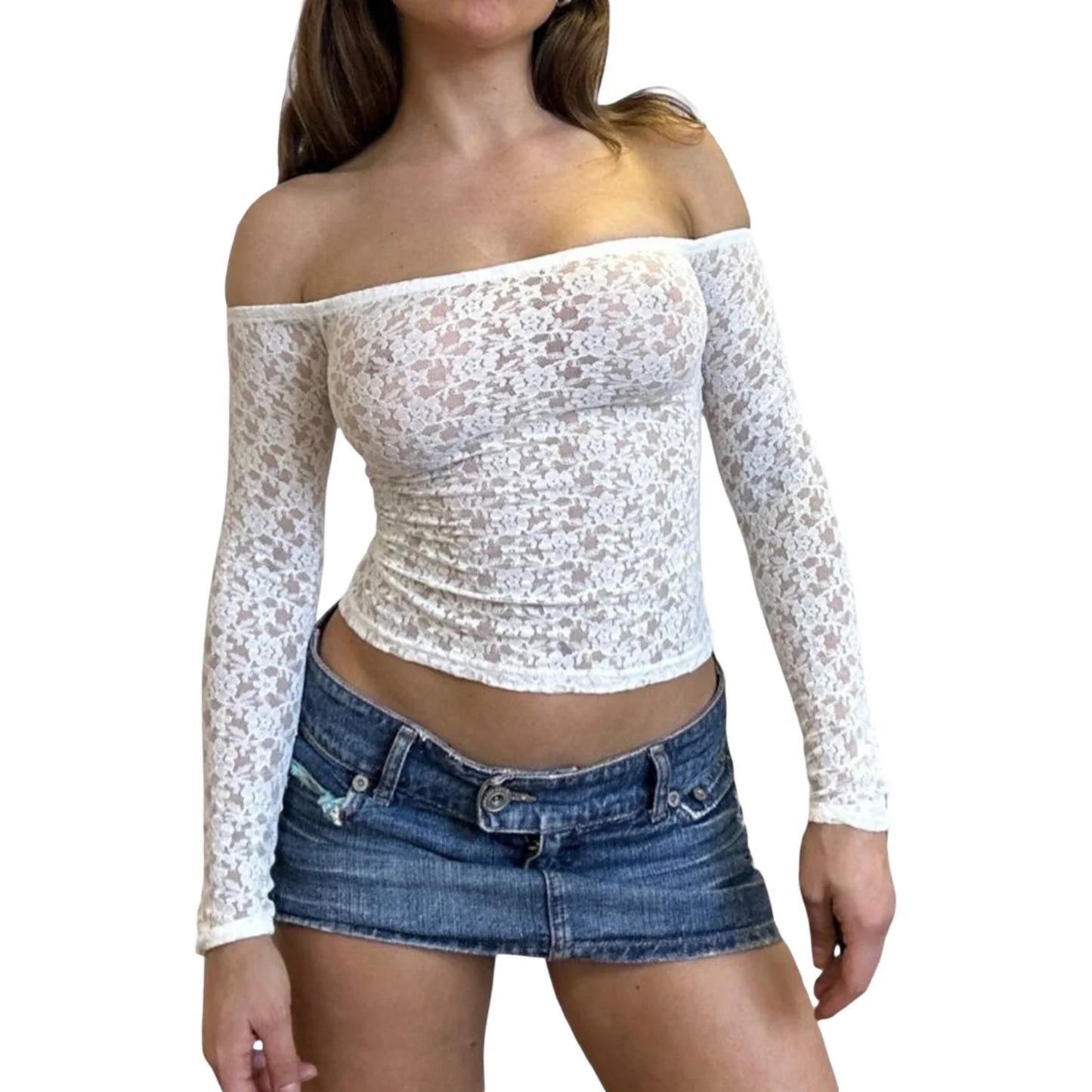 qgtao Y2k Sexy Lace Off Shoulder T-Shirt Long Sleeve Bodycon Cropped Tee Tops Solid Slim Shirt Blouse 2000s Aesthetic Tops