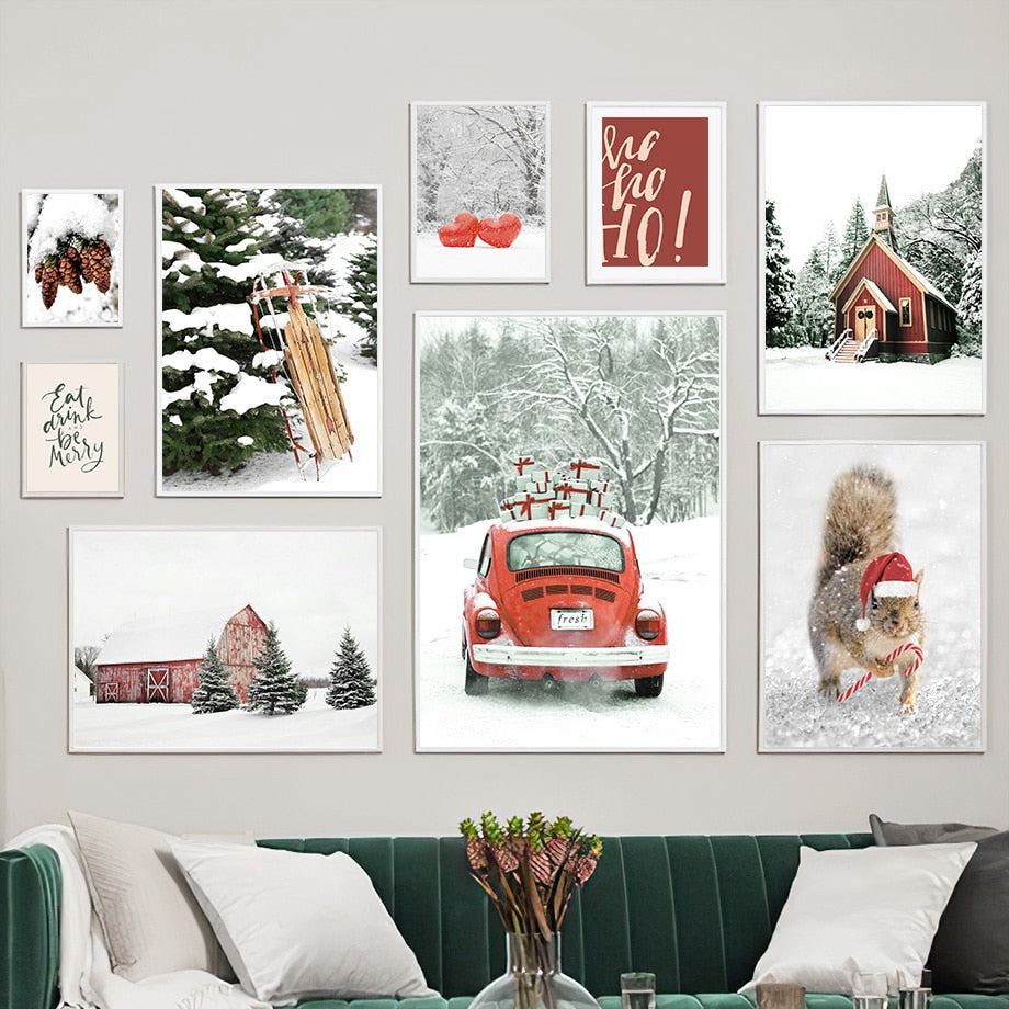 Christmas Gift Winter Red House Vintage Car Wall Art Canvas Painting Living Room Decoration Posters And Prints Wall Pictures