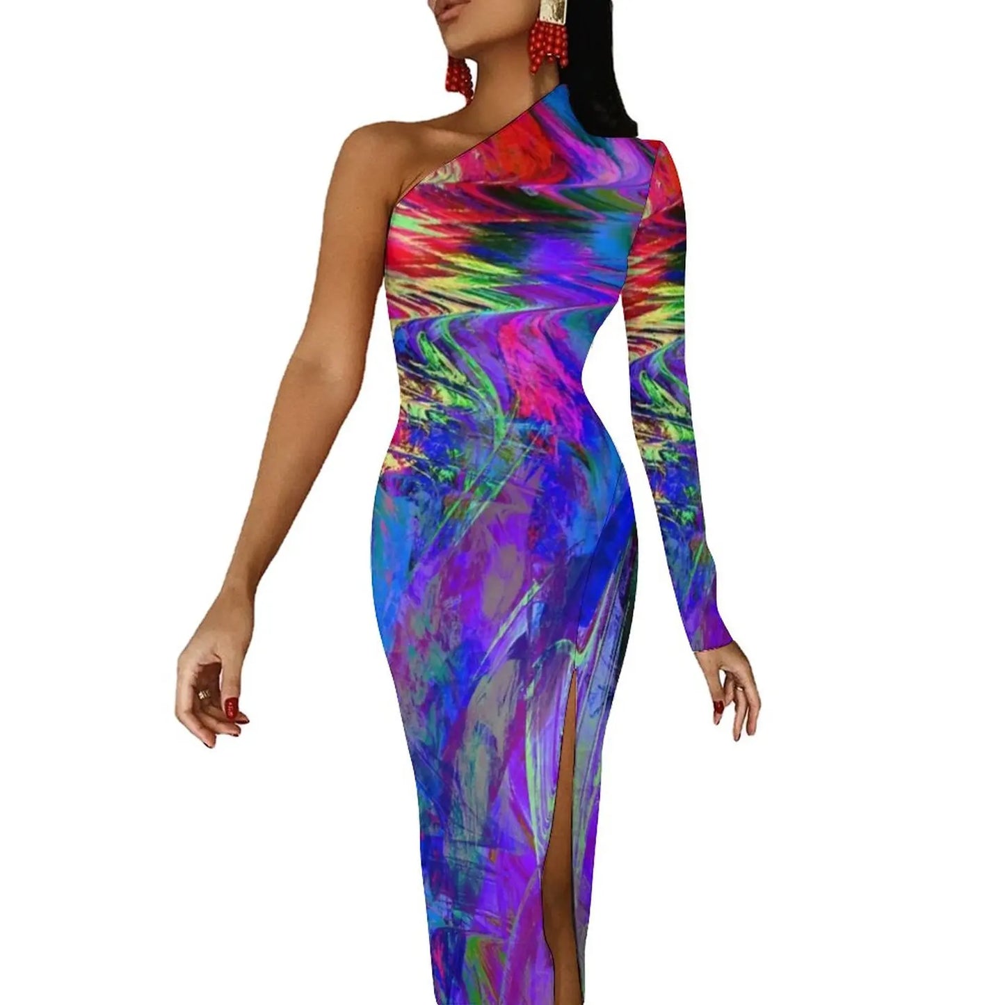 Neon Paint Long Dress Women Graffiti Splatter Print Party Maxi Dress Summer Long Sleeve Sexy Bodycon Dresses Side Split Clothes