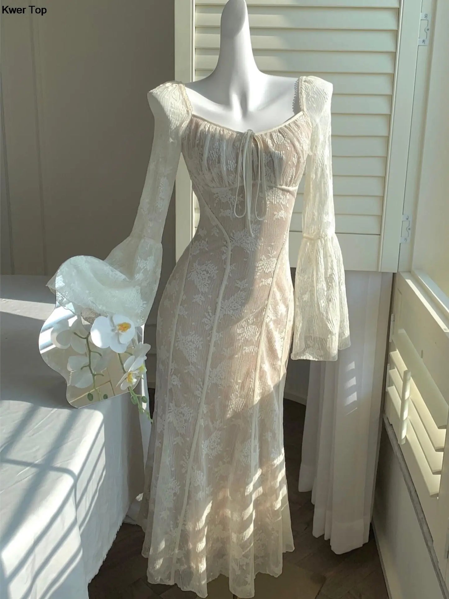 qgtao Elegant Flare Sleeve Mermaid Long Dress Spring Summer Slim Wedding Runway Party Lace Vestidos Women Vintage Clothing