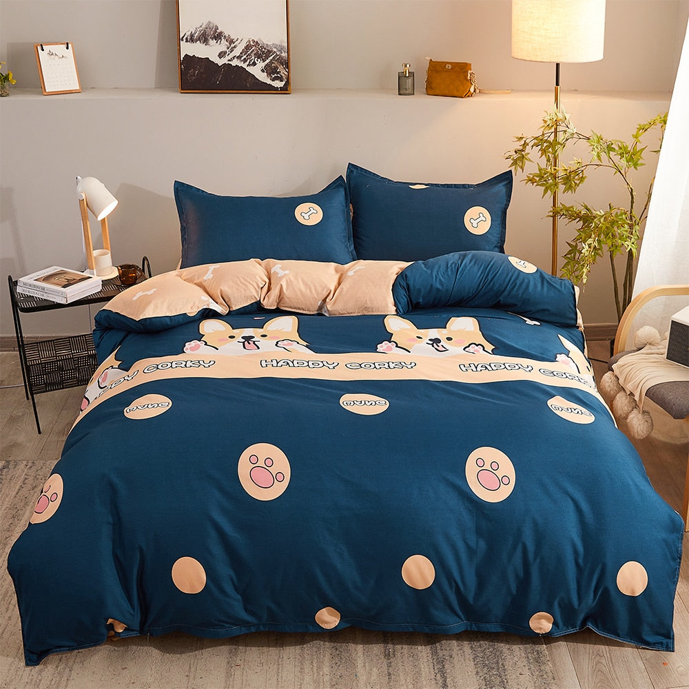 Yeknu Cartoon Pattern 4-Piece Flat Sheet Quilt Cover Pillow Case Family Bed Sheet Children's Bedding Set 4-Piece Set