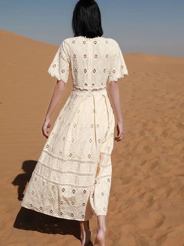 qgtao Boho Elegant Chic Maxi Dress Hollow Out Casual Summer Women Dresses Sheer Sexy Holiday Casual Ladies Dress Vestidos