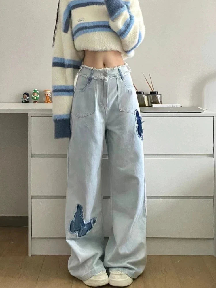 qgtao - Blue Jeans Plus Size Women Y2k Fashion Loose Butterfly Patchwork Causal High Waist Denim Pants Streetwear Retro Bottoms