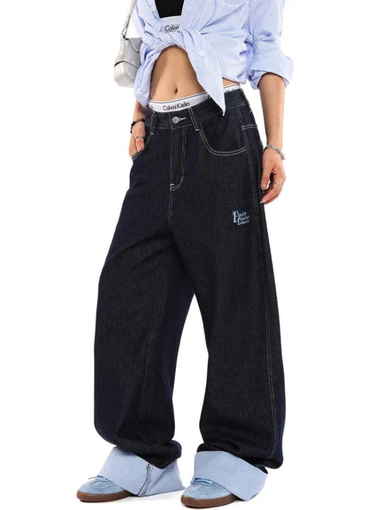 qgtao - Y2k Pink Stripe Patchwork Denim Pants Women Streetwear Vintage Baggy Korean Embroidery Jeans Trousers Harajuku Bottoms