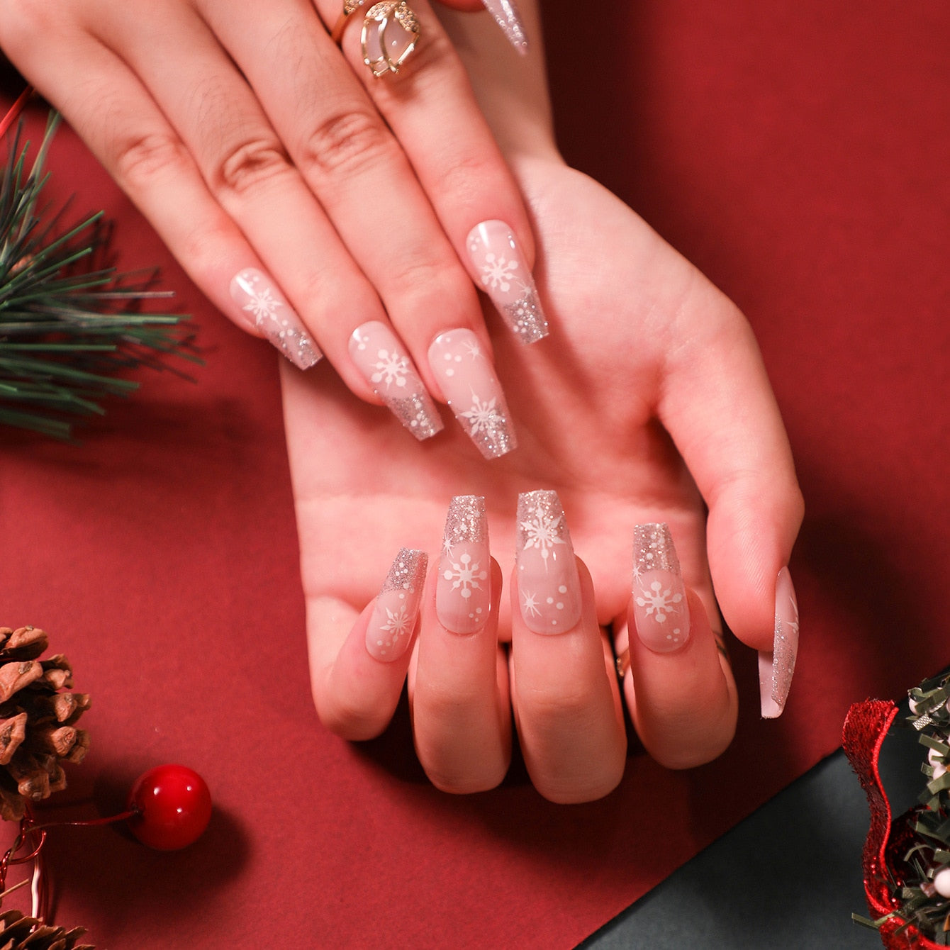 24Pcs Christmas False Nails Wearable French Fake Nails Almond Ballet Press on Nail Snowflakes Santa Hat Design Manicure Tips
