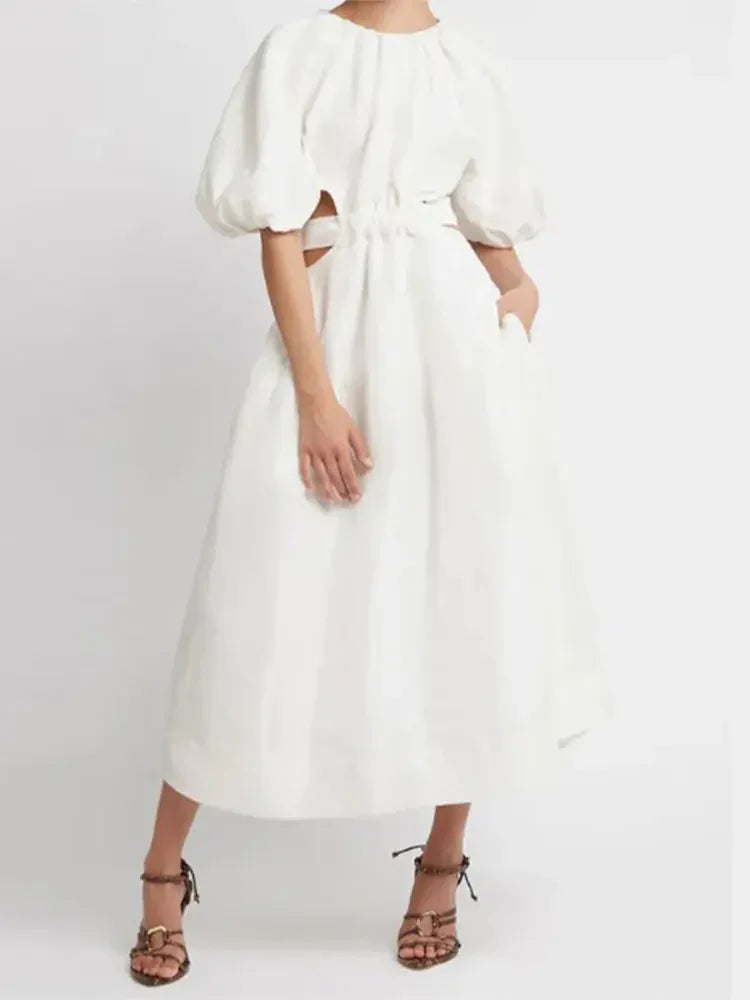 qgtao - 2024 Women Sexy Hollow Out Backless Bubble Sleeve Party Dress Fashion Women's Straps Round Neck Grace Vacation Dresses Female