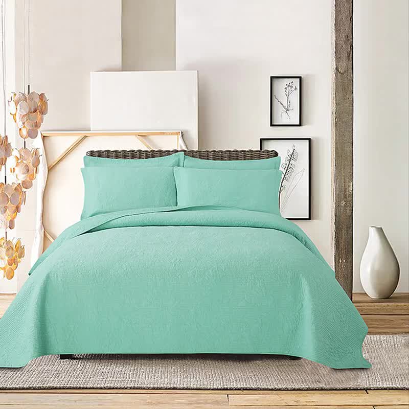 Yeknu Double Bed 100% Cotton Pure Green 3pcs Printed Quilted Quilt Pillowcase Free Shipping