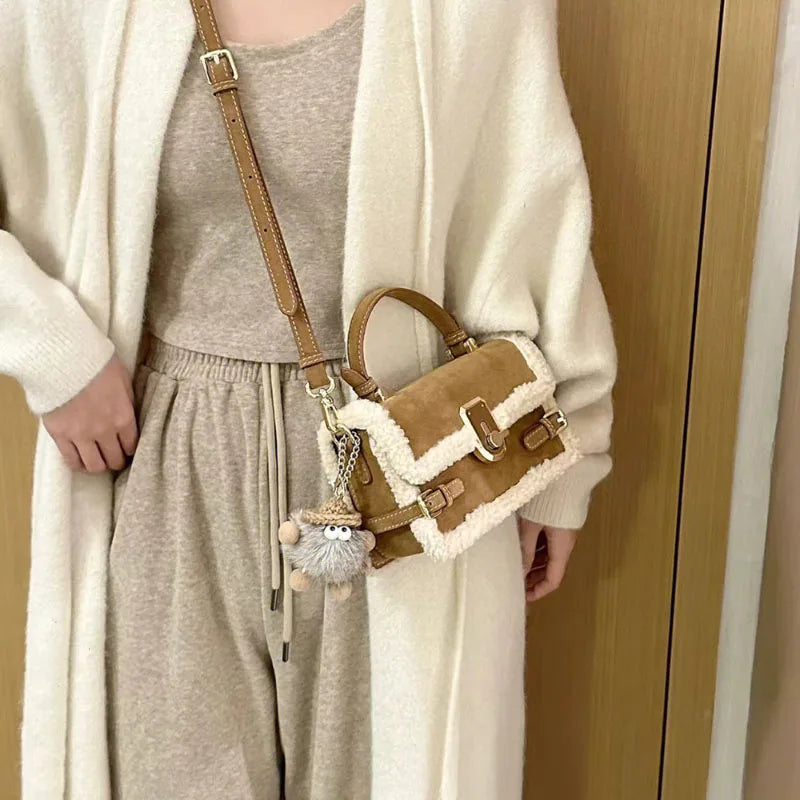 qgtao High Appearance Lamb Wool Bag Autumn Winter New Style All-In-One Handbag Senior Patchwork Crossbody Bags Suede Commuter Bag