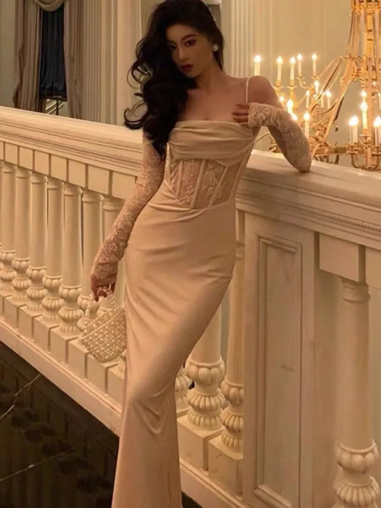 qgtao Sexy Bodycon Maxi Dress Women  Evening Party Prom Robe Wedding Vestidos Mujer Velvet Lace Patchwork Spaghetti Strap Slim Mermaid