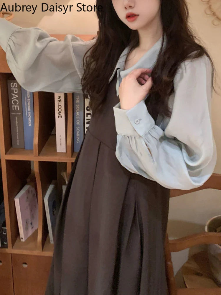 qgtao Korean Fashion Elegant Two Piece Set Women Puff Sleeve Blouse Strap Pleated Dress Set Vintage Casual Sweet Cute Dress Set Female