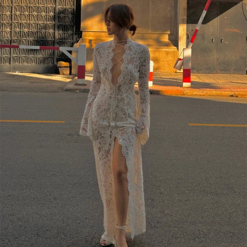 qgtao Sexy White Lace Printed Maxi Dress For Women See-Through Hollow Out Full Sleeve V Neck Slit Slim Long Dress Party Club Outfit
