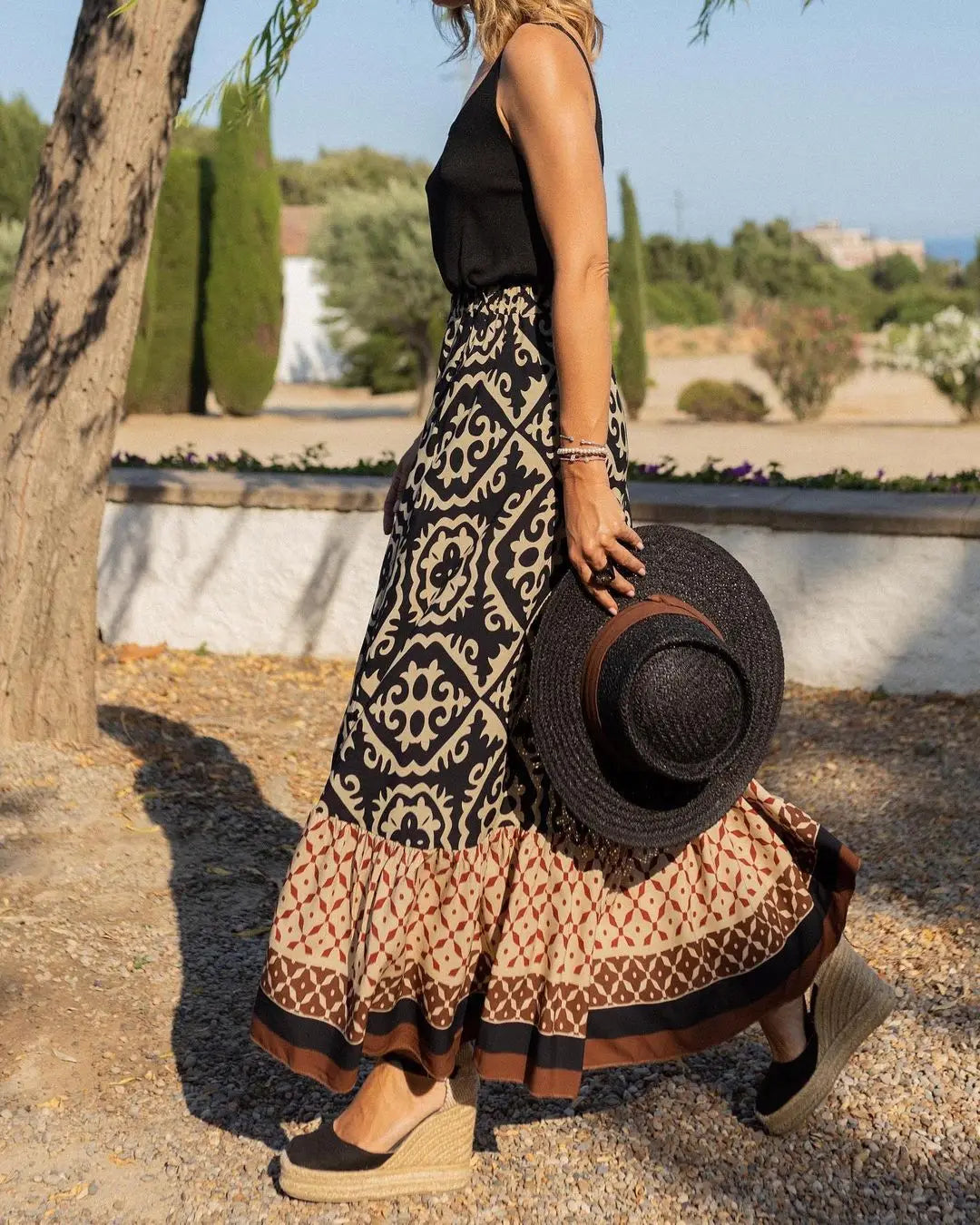 Summer Women's Half Skirt Vintage Pattern Print High Waist Loose Skirt Casual Ladies All-match A-Line Beach Long Skirts 2024