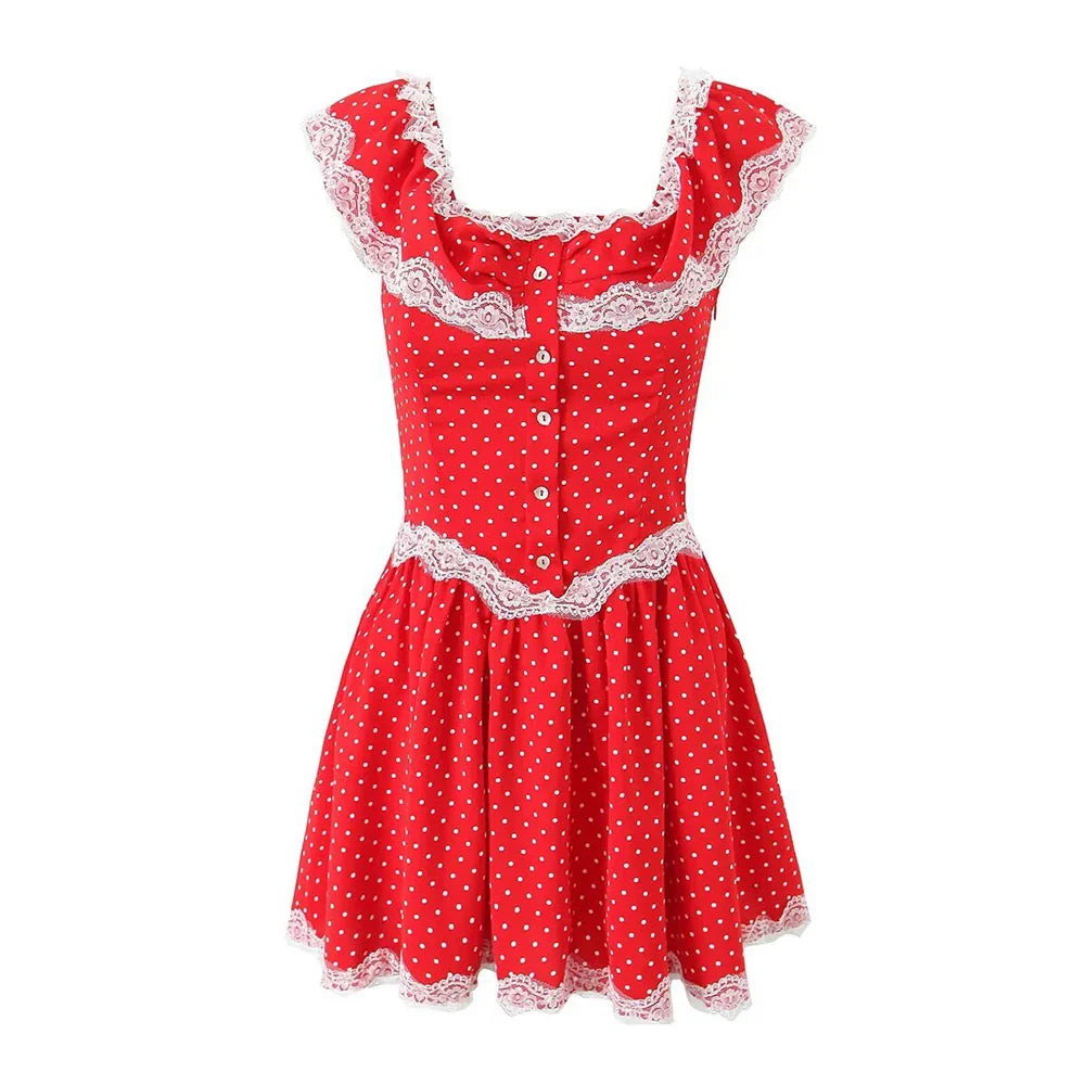 qgtao -2024 Women's French vintage single-breasted lace ruffle one-shoulder dress. summer. new style. Chic mini skirt.