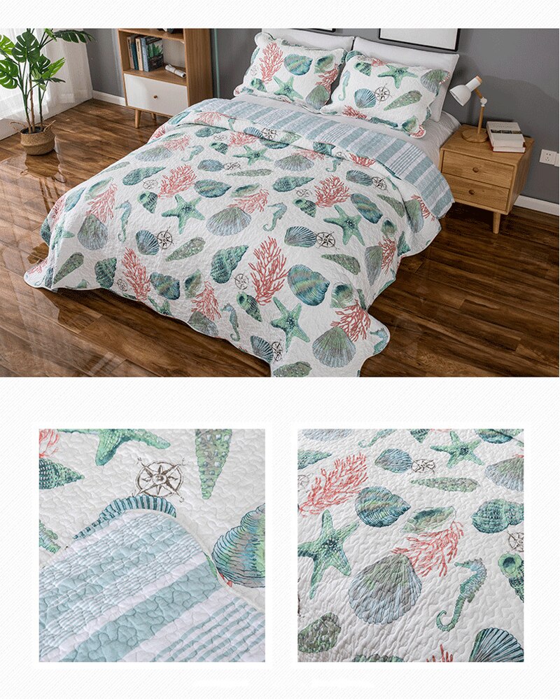 Yeknu Double Bed Cotton Print Sea Life 3 Piece Quilted Quilt Pillowcase Free Shipping
