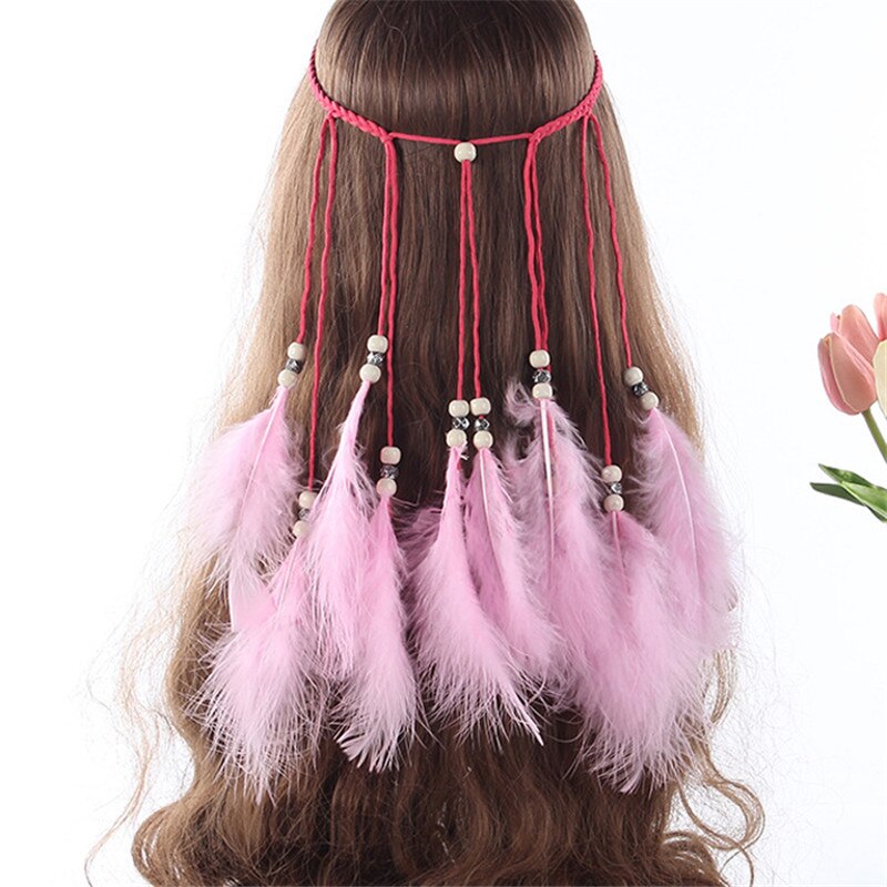 Fashion Boho Style Feather Headband Hairpiece Beads Feather Headdress Handmade Girls Hair Accessories High Quality
