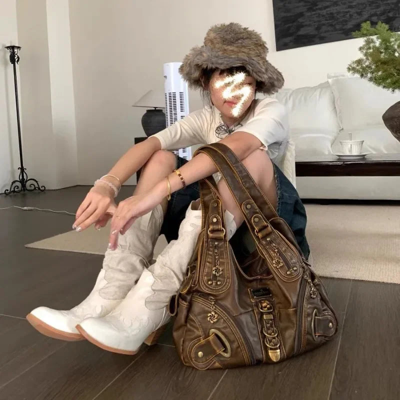 qgtao Y2k Vintage Womens Shoulder Bag Large Capacity Casual Pu Leather Tote Bag American Retro Luxury Designer Ladies Armpit Bag