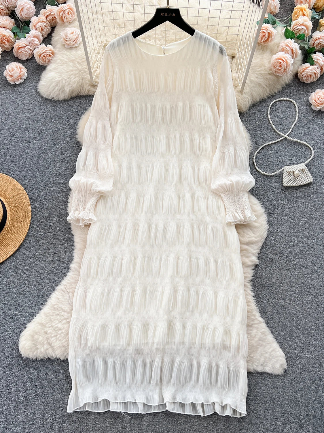 qgtao spring Vintage Women Draped Loose Midi Dress Elegant Round Collar Puff Long Sleeve Robe Casual Yellow/Burgundy/Green Vestido New