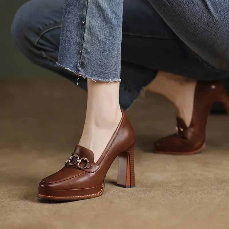 qgtao New Fashion Spring Autumn luxury Pumps Women High Heels Shoes Chunky Heels Designer Loafers Platform Black Brown 2024