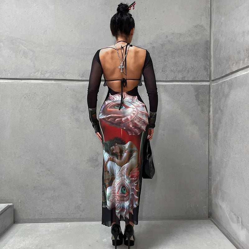 qgtao Sexy Mesh See Through Maxi Dresses for Women Fashion Ocean Printed Backless Dress Long Sleeve Bodycon Party Dress 2024