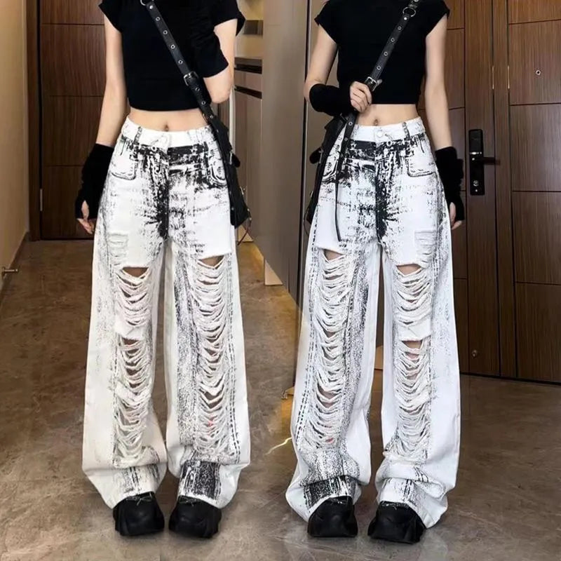 qgtao - Women Grey Ripped Jeans High Waist America Feeling Street Wide Leg Pants Y2K Vintage Ins Straight Baggy Plus Size Denim Trousers