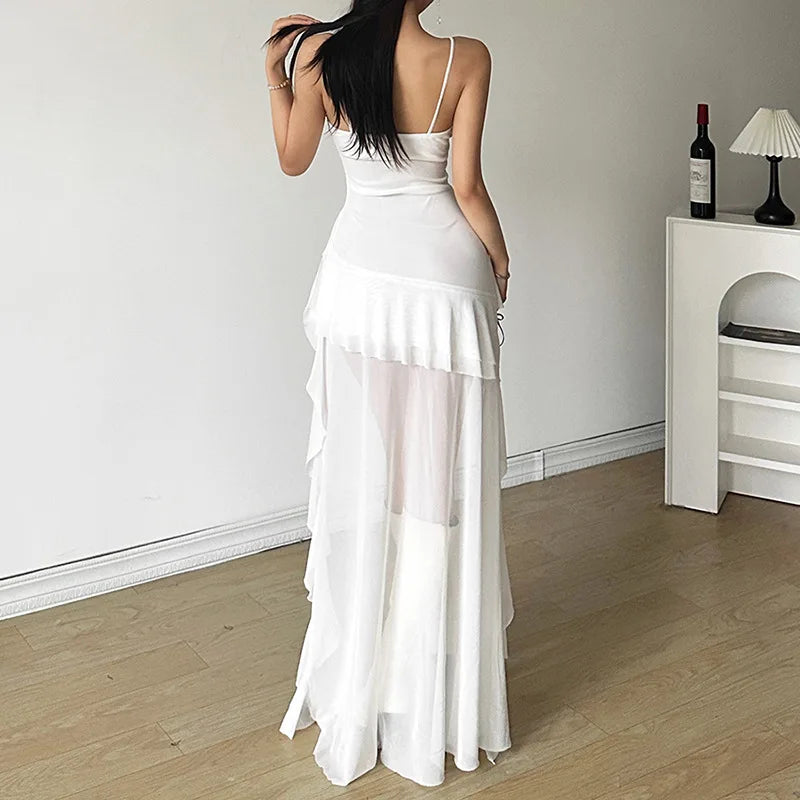 qgtao Y2k Sexy Mesh Ruffle Irregular High Low Dress White Black Sleeveless Long Dresses Summer Y2K Clothes Women 2024