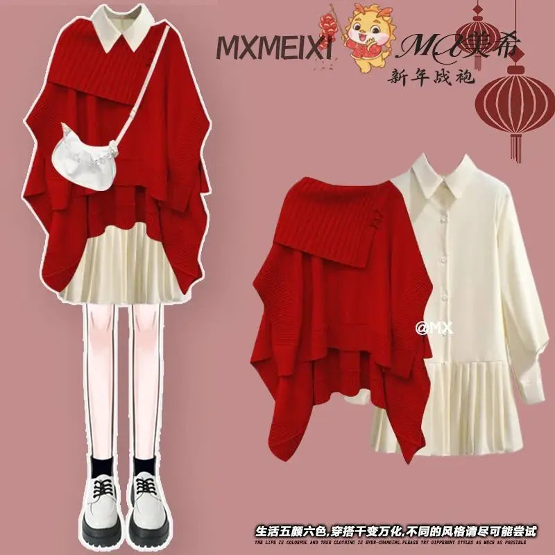 qgtao Korean Fashion Winter Suit Female New Plus Size Women Maillard Personality Loose Knit Sweater Shirt Dress Two-piece Y2k Clothes