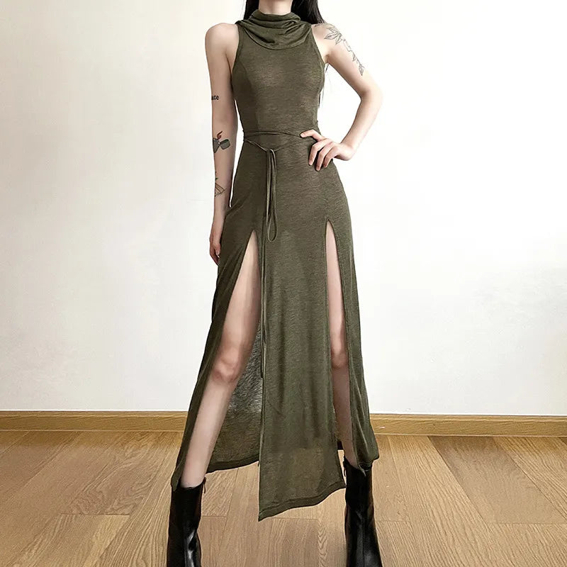 qgtao Cyber Gothic Desert Walker Hooded Dresses Y2k Punk Grunge Hollow Out Midi Dress Women Sexy Split Side Solid Streetwear
