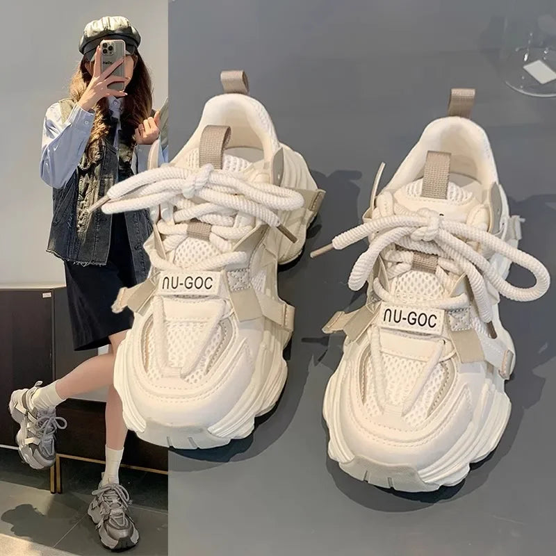 qgtao Women's Chunky Sneakers Spring Breathable Mesh Platform Sports Shoes Woman Fashion Lace Up Thick Sole Casual Shoes Mujer