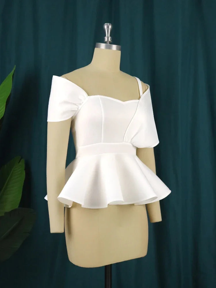 qgtao White Tops Off Shoulder Spaghetti Strap Peplum Blouses Sexy Women Party Fashion Plus Size Evening Cocktail Shirts Bluas