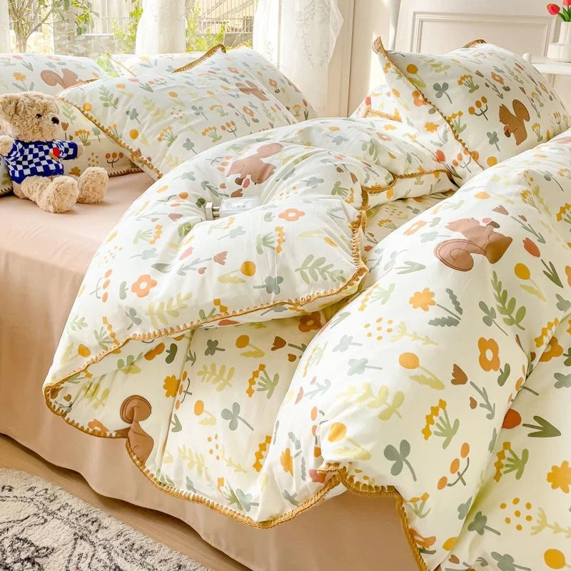 Yeknu Pastoral Girls Flower Bedding Sets, Washed Cotton Bed Linens, Soft Quilt Cover Sheet Set, Simple Bedspread, Home Textiles