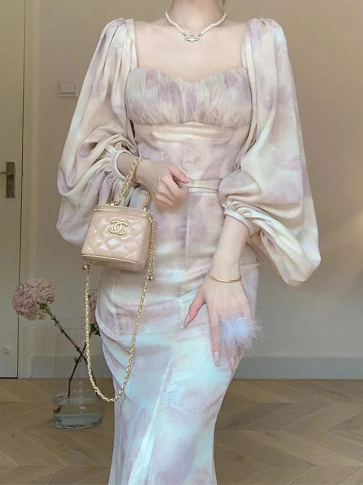 qgtao French Skirt Suit Female Spring Summer New Square Collar Lantern Sleeve Top Slim High Waist Long Skirt Two-Piece Sets Women