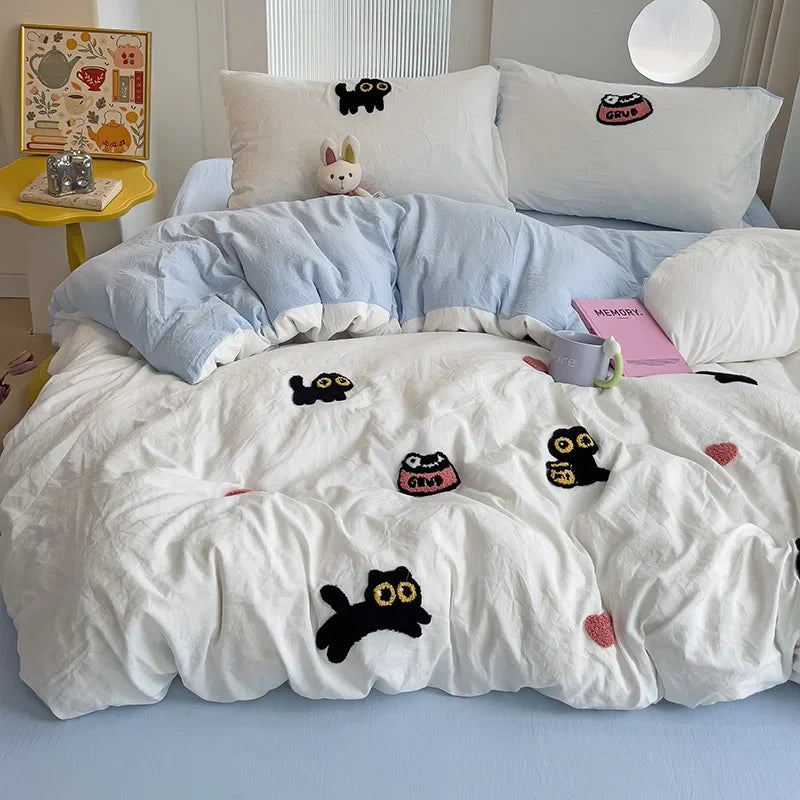 Yeknu Bedding Set Super Soft Washed Cotton Towel Embroidery Duvet Cover Four Piece Set - Lucky Cat Series