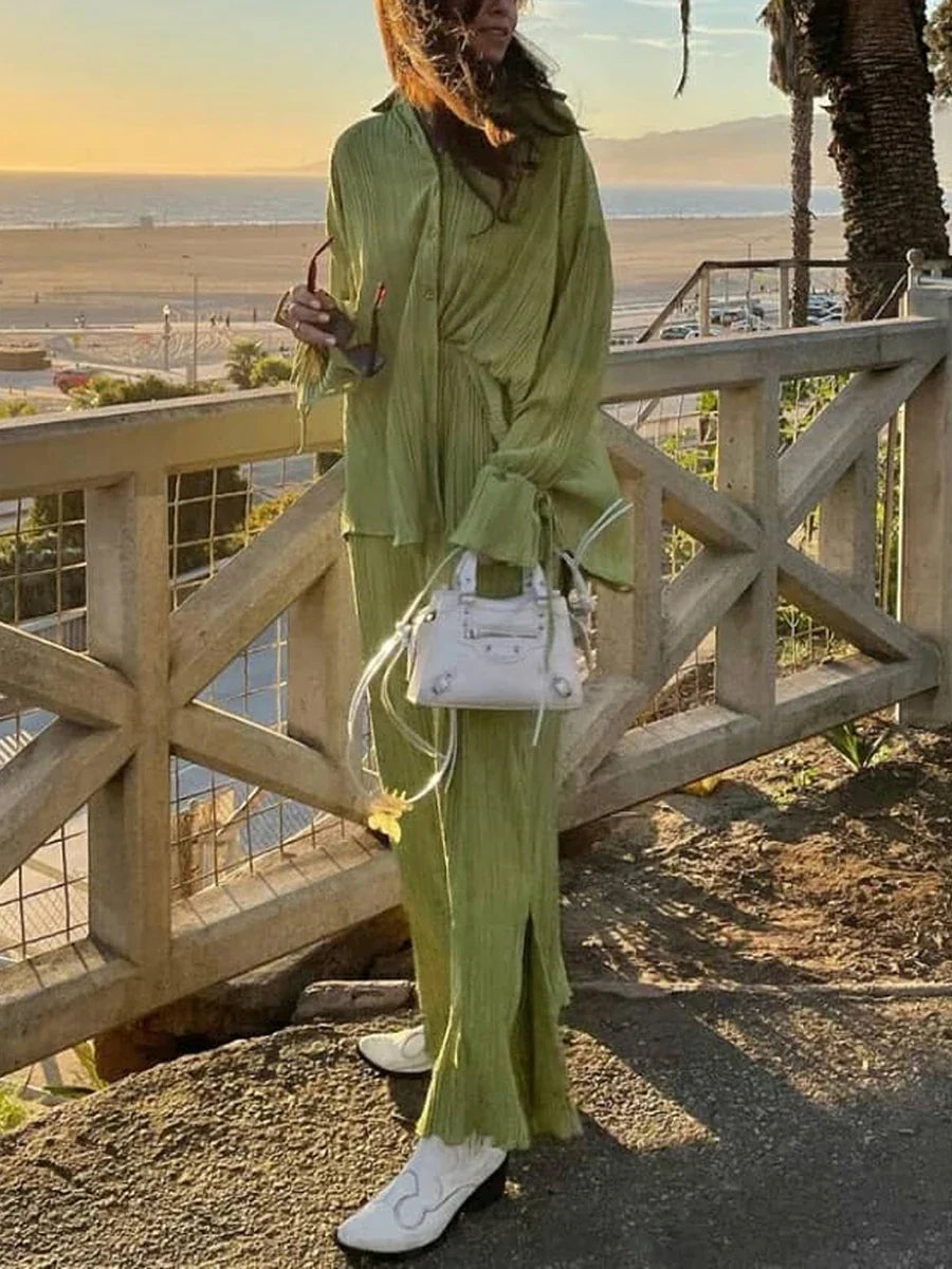 qgtao Women Pleated Pants Suits Set Casual Chic Solid Color Long Sleeve Oversize and Wide Leg Pants Trousers 2023 Elegant Tracksuit