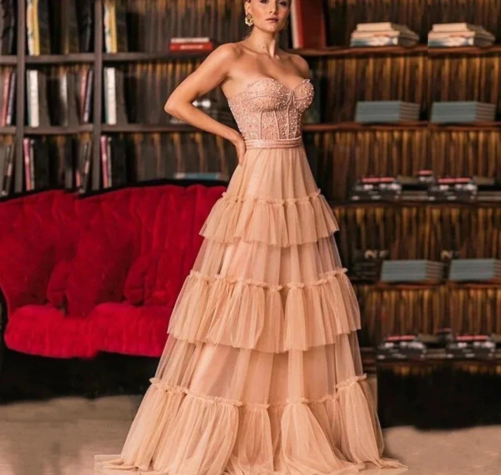 qgtao-Clothing Tiered Prom Dress Strapless Long A Line Party Dress Sweetheart Bead Pearls Bodice Tulle Cake Evening Dress Plus Size
