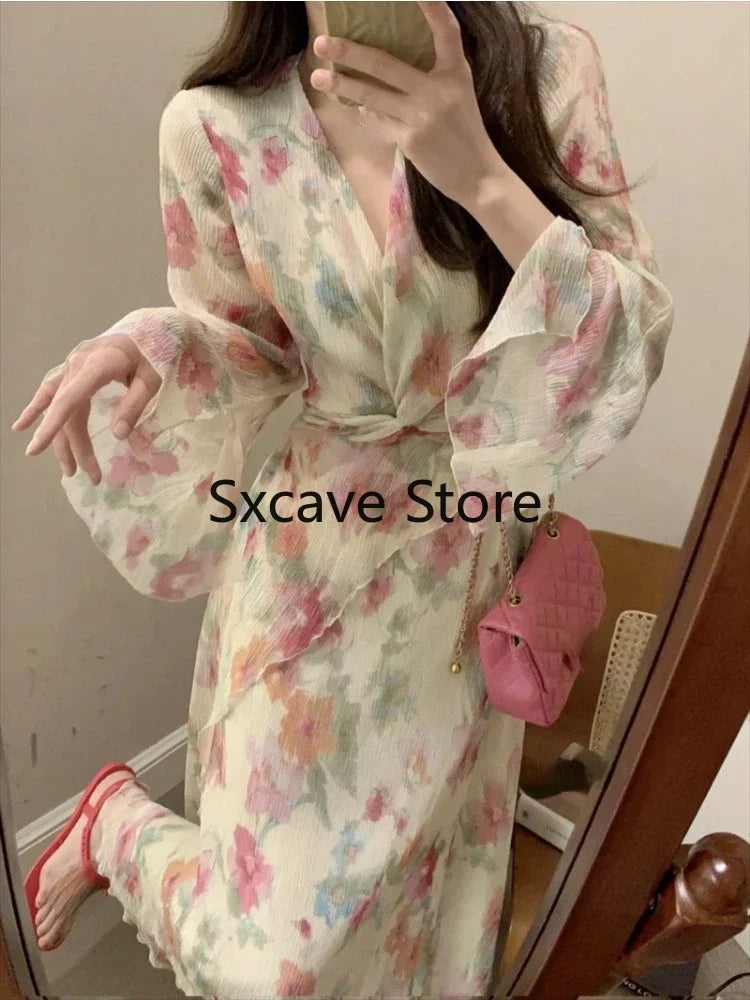 qgtao French Sweet Floral Midi Dress Women 2024 Summer Design Elegant Vintage Dress Office Lady Even Party Chiffon Dress Korea Fashion