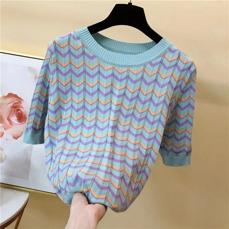 Casual Hollow Out Stripe Knitted Short Sleeve Top Women New Summer Thin Short T-shirt Korean Fashion Plus Size 4xl O-neck Female