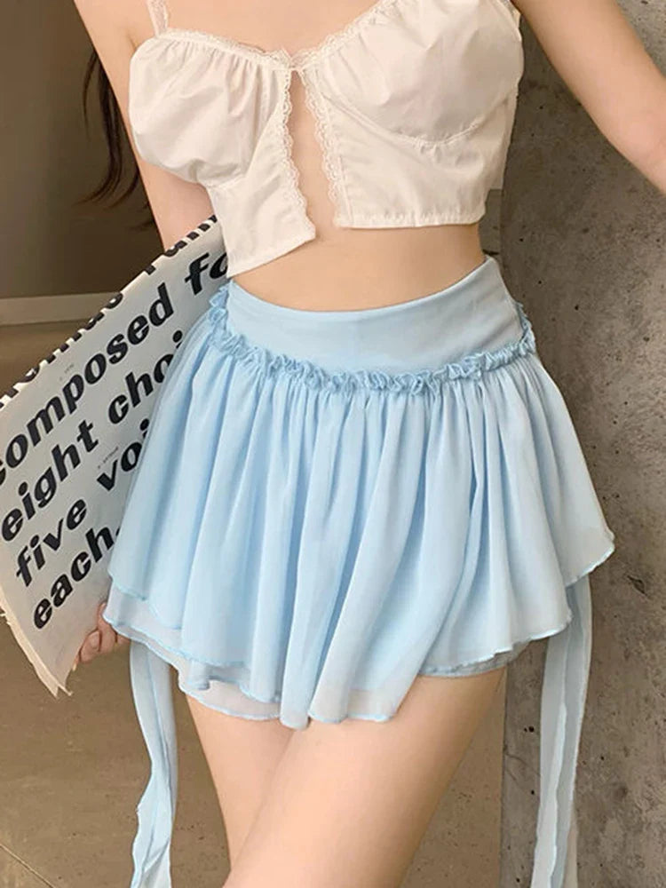 qgtao Ruffles Women Chiffon Sexy Skirt Sweet Japan Ribbon Patchwork Mini Skirt Summer High Waist Cute with Shorts A Line Skirt