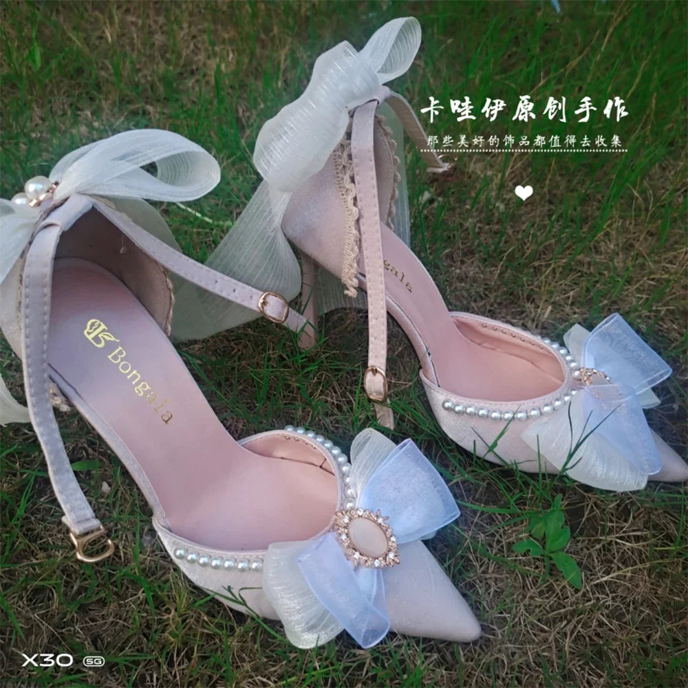 qgtao Kawaii Girls Spring Pearl Pointed Sandals High Heel Sweet Lolita Shoes Lace Bowknot Princess Cute Girl Women Lolita Shoes Cos