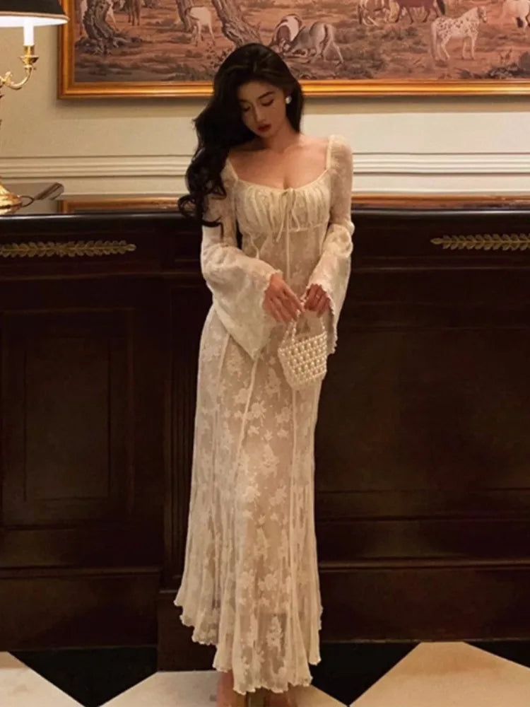 qgtao Autumn Elegant Flare Sleeve Bodycon Midi Dresses for Women New Slim Mermaid Wedding Runway Party Lace Vestidos Vintage Clothing