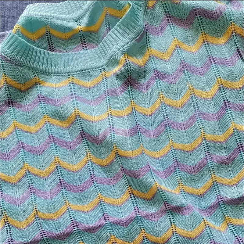 Casual Hollow Out Stripe Knitted Short Sleeve Top Women New Summer Thin Short T-shirt Korean Fashion Plus Size 4xl O-neck Female