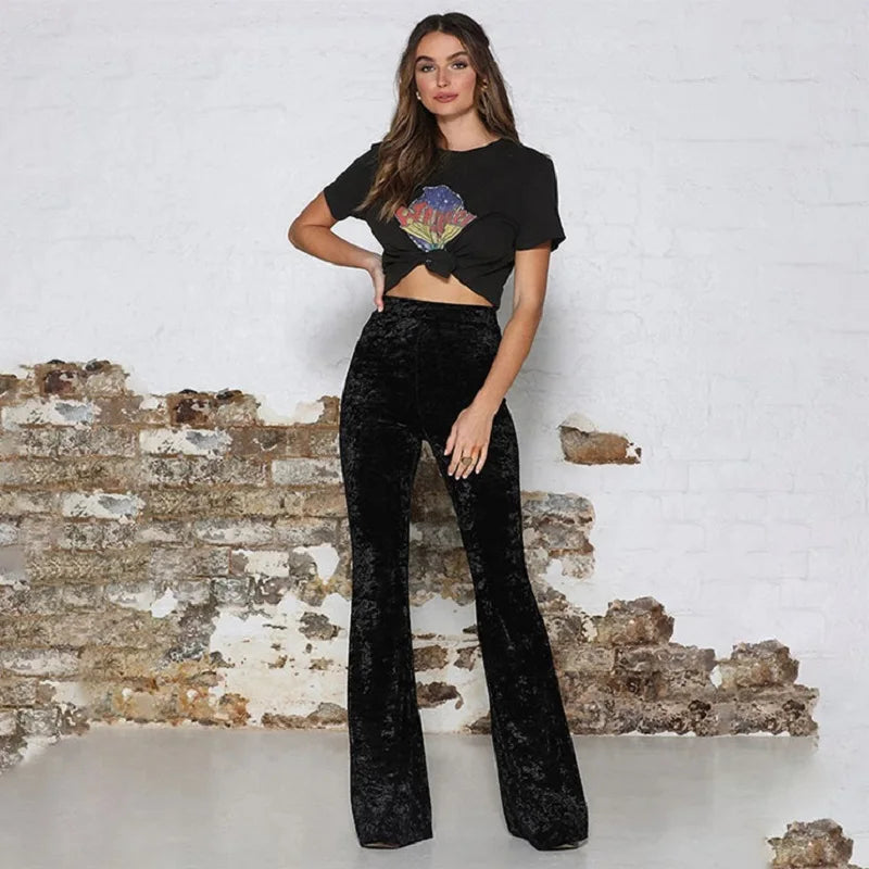 Wide Leg Pants Women Korean Fashion Vintage High Waist Flare Pants Pantalones de Mujer Gold Velvet Trousers Pleuche
