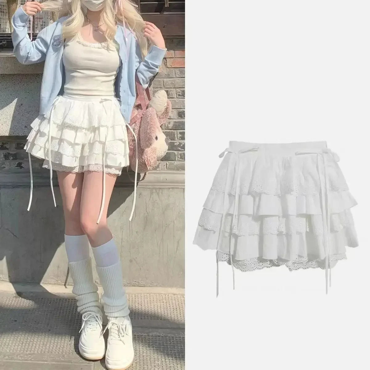 qgtao New Kawaii Lace Mini Skirt for Women Girl Cute Lolita White A-line Pleated White Skirt Japanese Harajuku Fashion Clothing