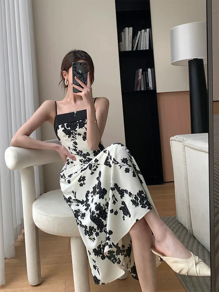 qgtao-New Summer 2023 Long Print Dress for Women Korean Elegant Fashion Sexy Sleeveless Spaghetti Strap Evening Female Clothes