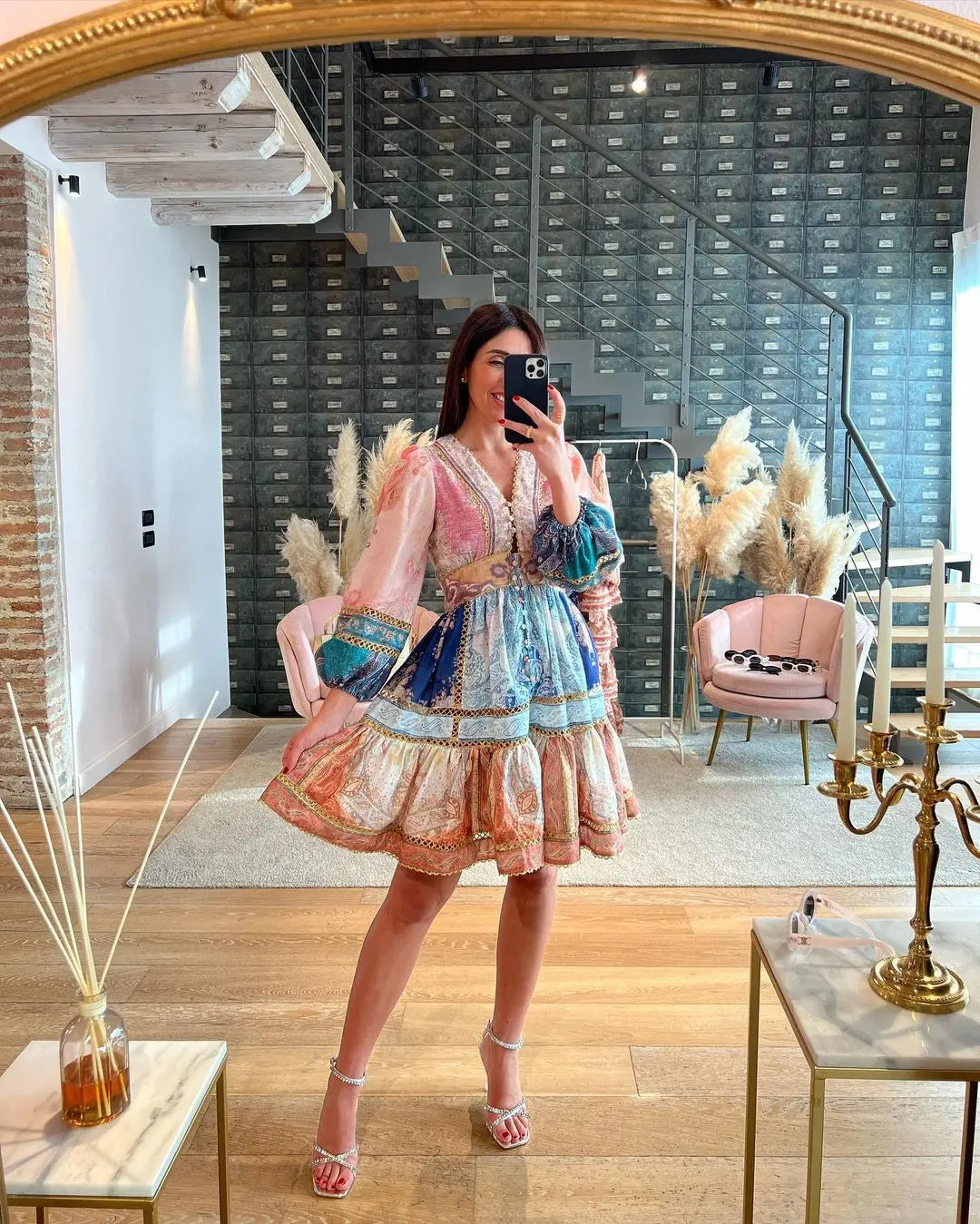 qgtao Vintage Print Lantern Sleeves Maxi Dress Women Elegant V-neck High Waist A-line Dresses 2024 Casual Vocation Streetwear Vestidos