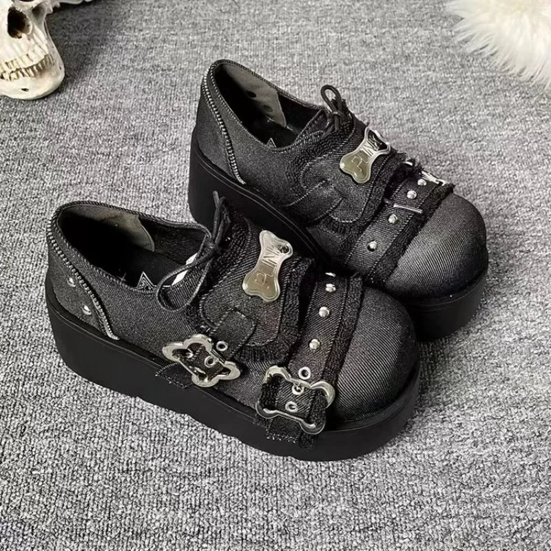 qgtao Punk Metal Chain Chunky Platform Ankle Boots Women 2024 Winter Y2K Thick Bottom Denim Boots Woman Black Gothic Lolita Shoes