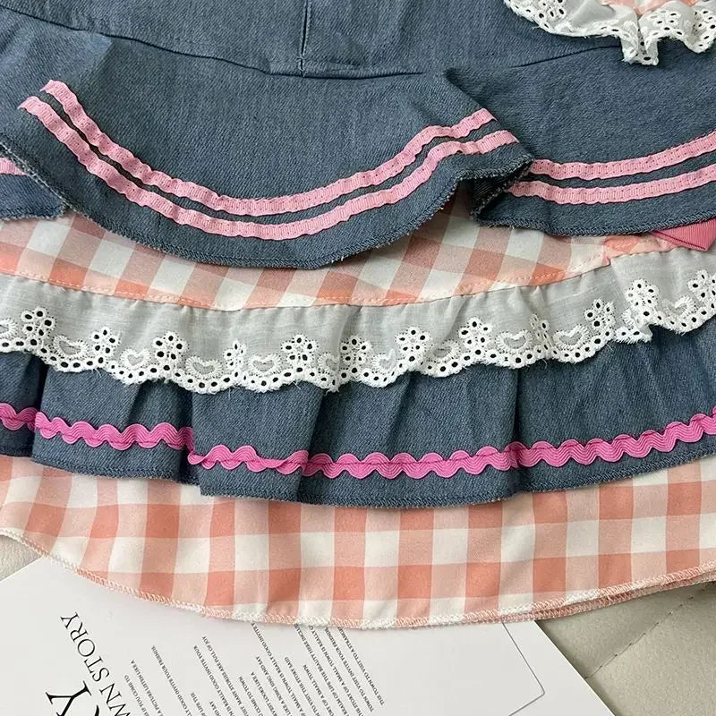qgtao Kawaii Denim Skirt Women Japanese 2000s Style Y2k High Waist Bow Patchwork Cute Mini Jean Skirt Autumn Lolita Girl