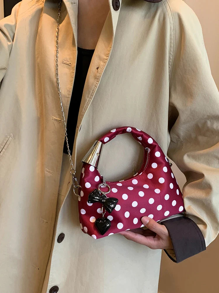 qgtao Women Fashion Round Dot Chain Crossbody Bag Autumn Winter New Bow Decor Handbag Female Nylon Zipper Style Design Shoulder Bag